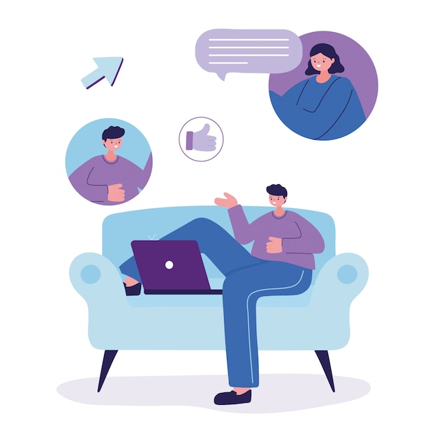 man with laptop on chair chatting   design