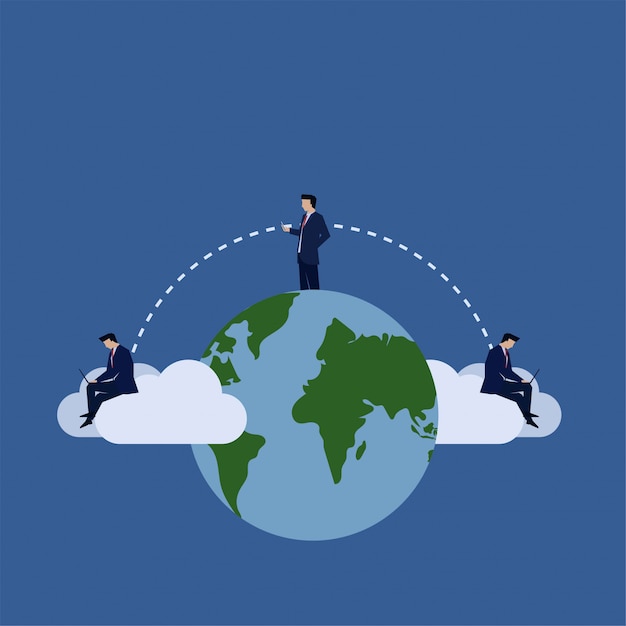 man with laptop above cloud and other above globe