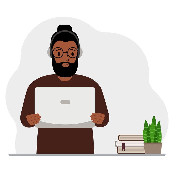 Vector man with laptop and headphones working from home student freelancer assistant blogger or businessman home office concept vector flat illustration