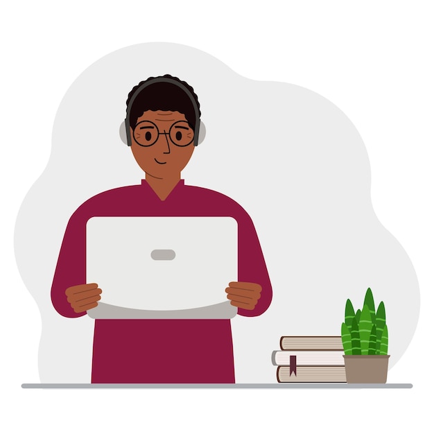man with laptop and headphones working from home student freelancer assistant blogger or businessman home office concept vector flat illustration
