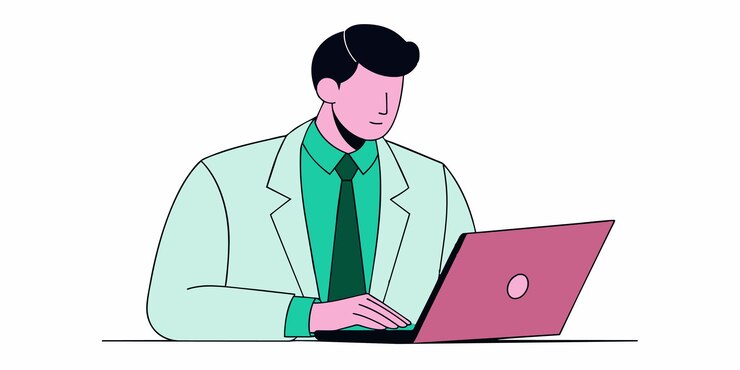 Vector a man with a laptop and a laptop with a man working on it