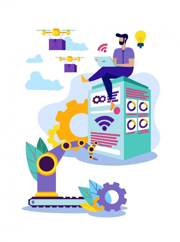 Vector man with laptop monitor drone management system.