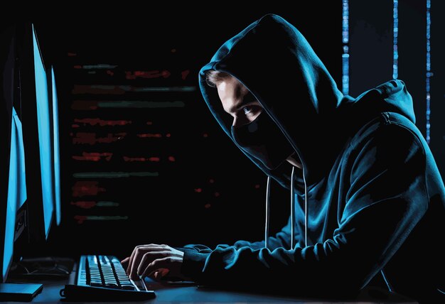 man with laptop in the officeman with laptop in the office hacker in dark hoodie and laptop