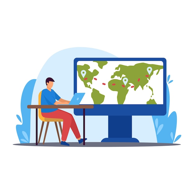 Man with laptop planning vacation around world color 2d vector graphic