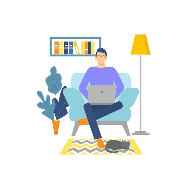 Vector man with laptop sitting on the armchair freelance or studying concept male works at home