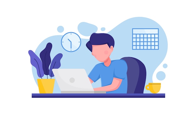 Man with laptop sitting on chair work from home illustration