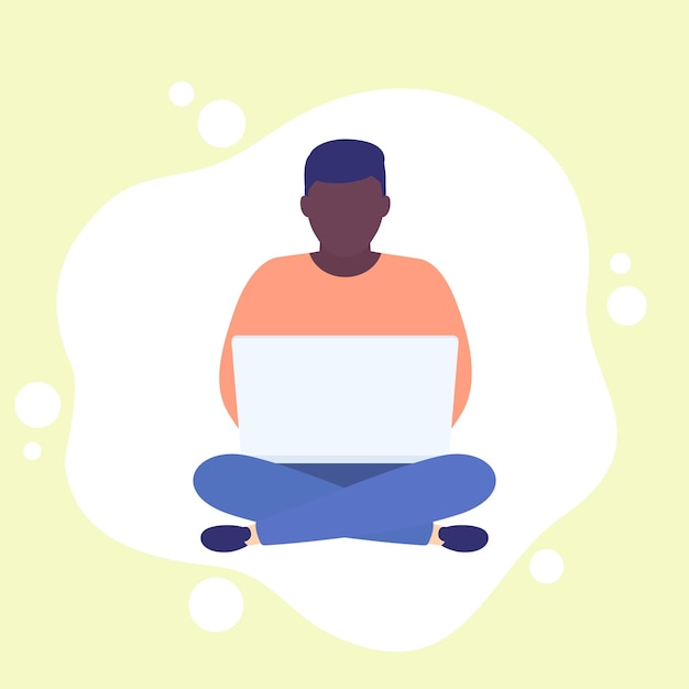 Man with laptop sitting in lotus pose and working