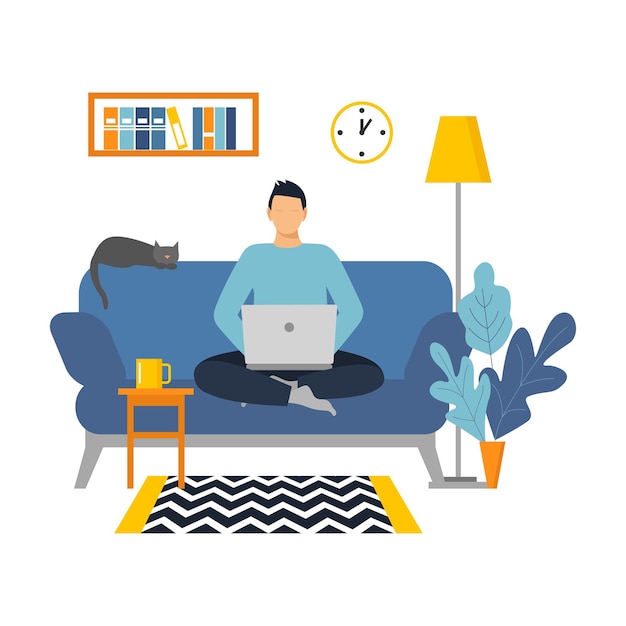 Vector man with laptop sitting on the sofa freelance or studying concept