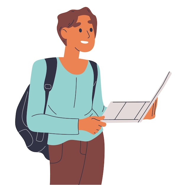 Человек с ноутбуком, пользователь беспроводного гаджета, мужской персонаж, плоская векторная иллюстрация на белом фоне