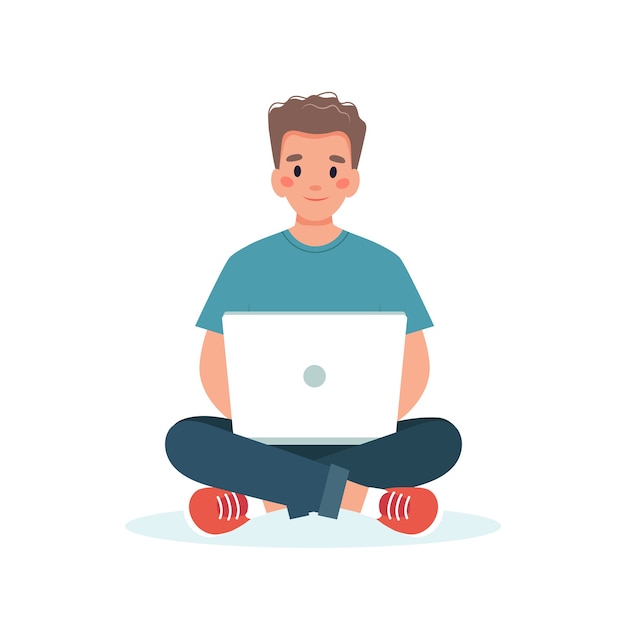 Man with a laptop working, student or remote work concept