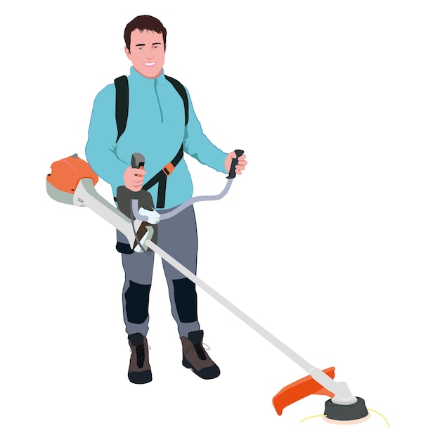a man with a lawn mower on his shoulder.