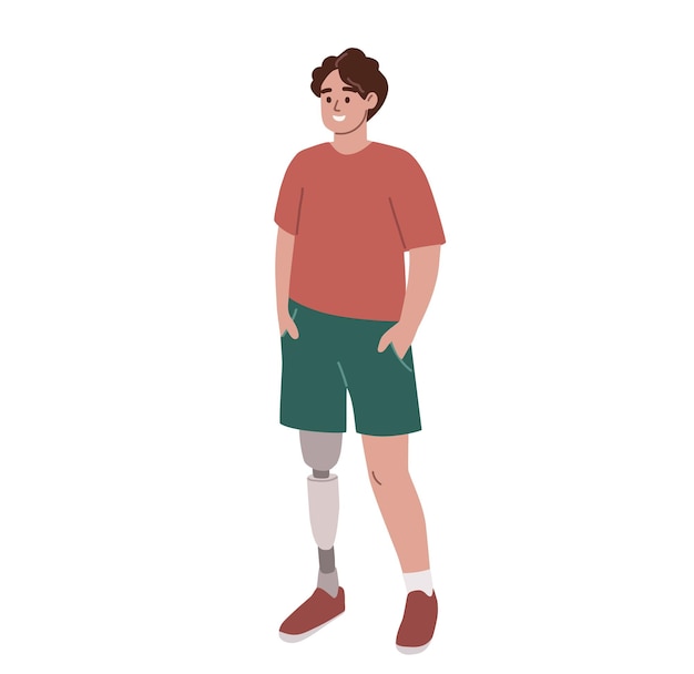 Man with leg prosthesis standing Disabled person without leg Limb amputation vector illustration