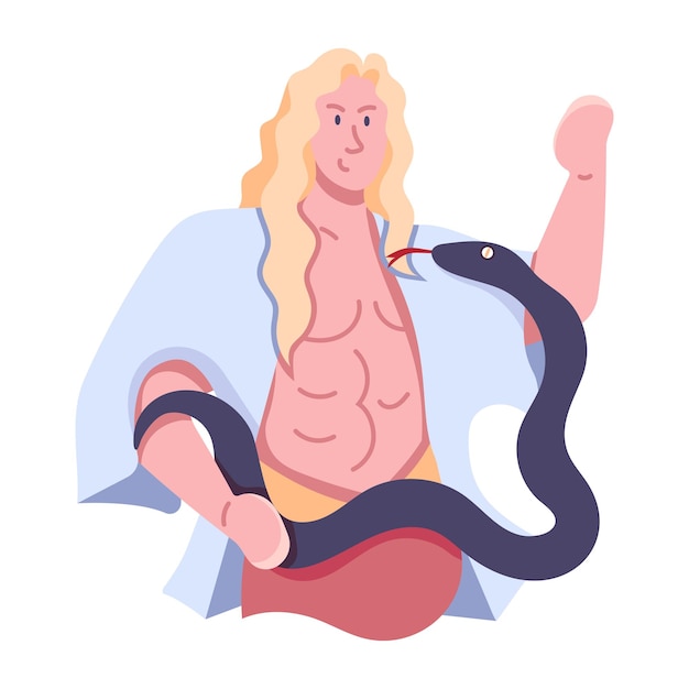 A man with long hair and a long tail holds a snake in his hand.
