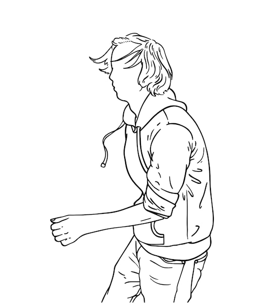 A man with long hair in a sweater with a hood dancing doodle linear cartoon coloring