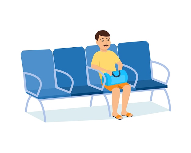 Vector man with luggage in hands in armchair of railway station