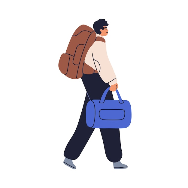 man with luggage tourist walking carrying bags backpack migrant nomad traveler moving and roaming with baggage travel relocation flat vector illustration isolated on white background