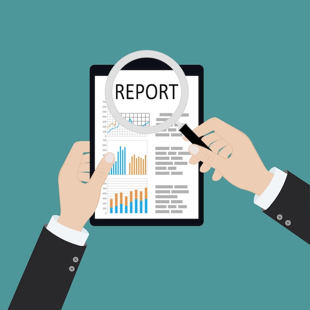 Man with magnifying glass analyzes report paper document with graphs and diagrams Research planning analysis Desk calculator business card phone glasses calendar View from above Vector