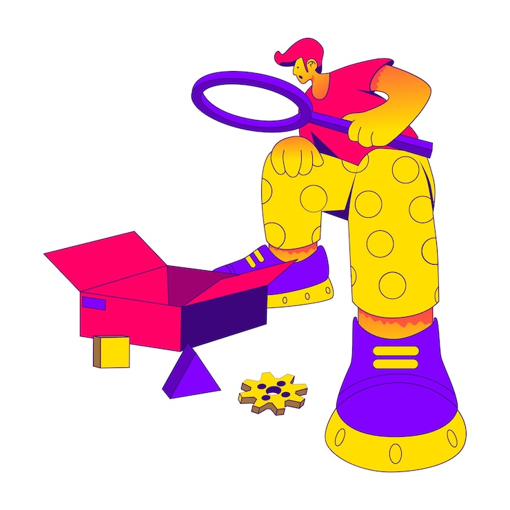 Vector man with a magnifying glass looks in a box