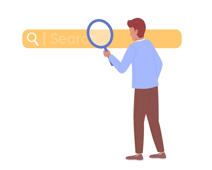 Vector 인터넷 평면 개념 벡터 자리 그림에서 돋보기를 검색하는 남자