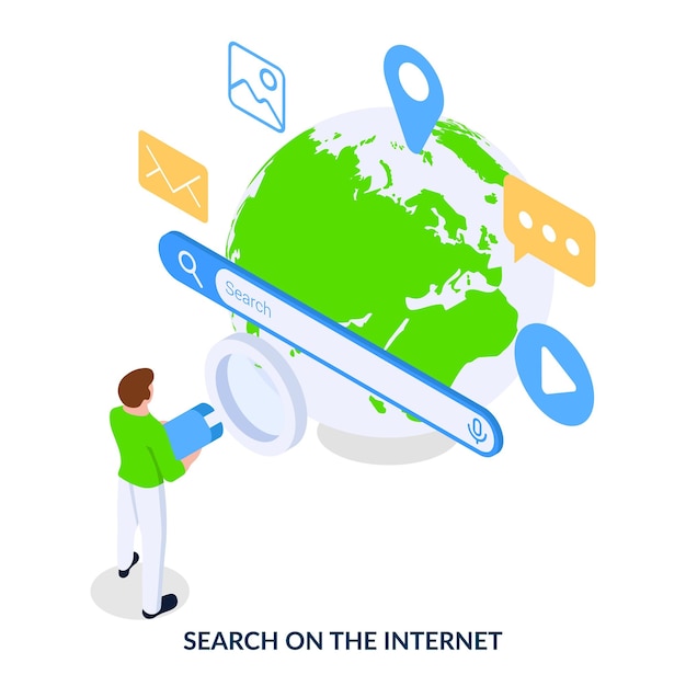 Man with magnifying glass standing before search bar planet and internet icons Vector illustration