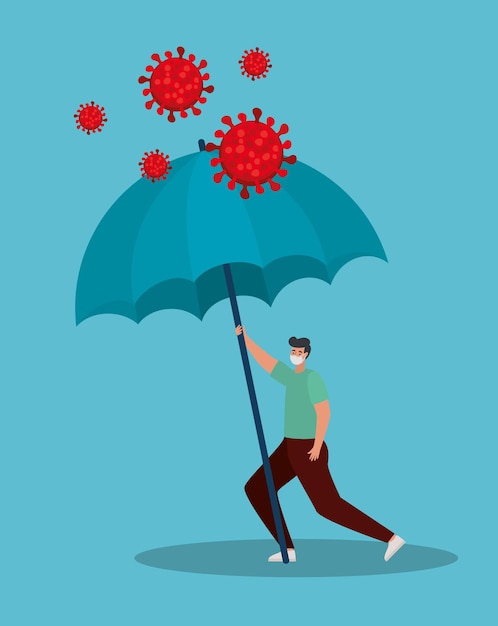 Man with man using face mask with umbrella for protection covid 19 on a blue illustration design