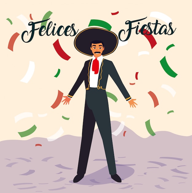 Man with mariachi costume on confetti background