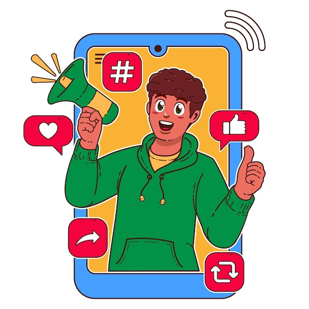 Vector a man with a megaphone in her hand social media concept