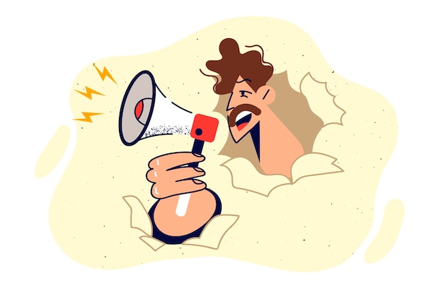 Man with megaphone peeks out of hole in paper and shouts calling for solidarity with activists or protesters Guy uses megaphone to announce upcoming event and invite guests to store openings