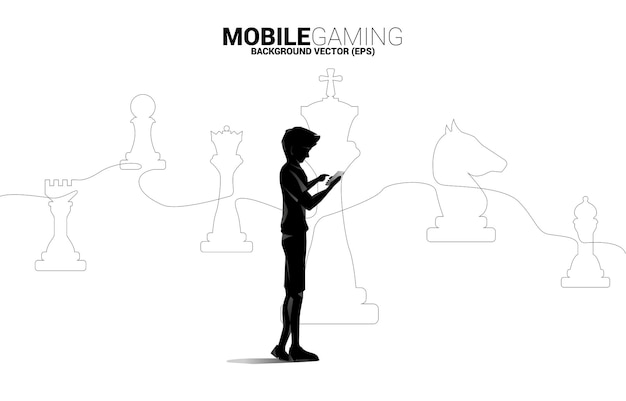 携帯電話とチェスの駒のラインのシルエットを持つ男