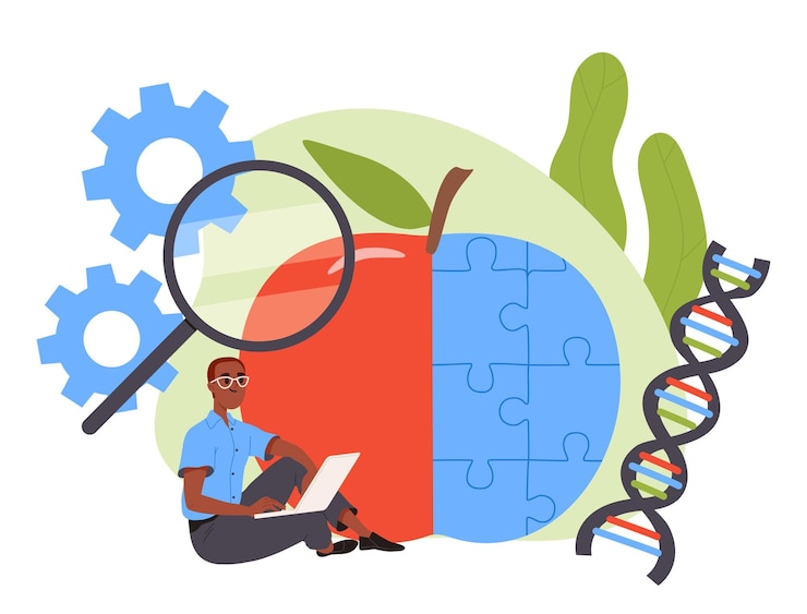 Vector man with modified apple genetic engineering and biotechnology modern technologies and innovations