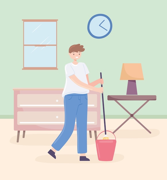 Man with mop cleaning