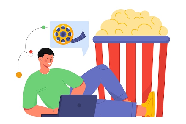 Vector man with movie selection concept young guy with laptop at background of pop corn choose film cinema movies and tv series entertainment and fun cartoon flat vector illustration