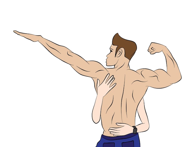 A man with a muscular arm pointing to the left with girl hands holding him vector illustration