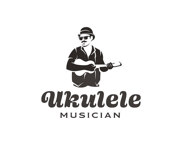 Vettore uomo con baffi e occhiali che suona un piccolo logo di chitarra ukulele musicista logo design template