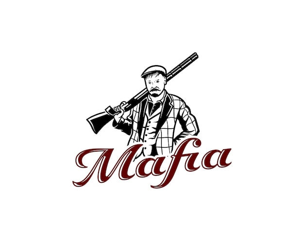 Un uomo con i baffi che tiene in mano un modello di progettazione del logo della mafia con il logo del fucile da caccia