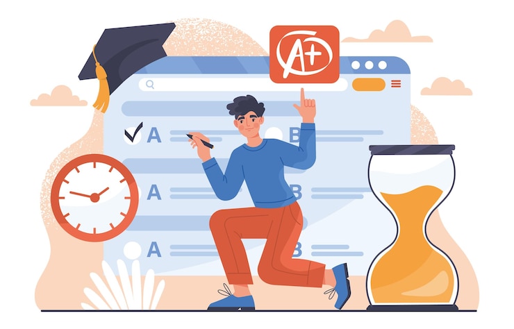 Vector man with online test concept distance education and training learning student completes assignments on exam knowledge and information talented schooler cartoon flat vector illustration
