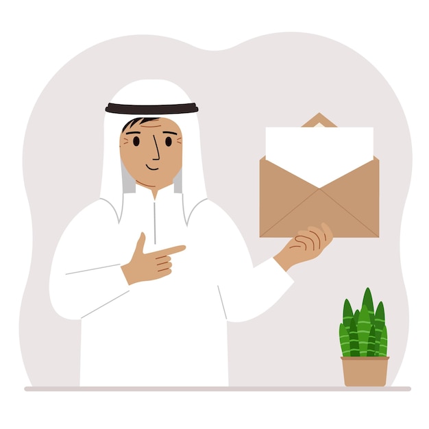 A man with an open envelope with a letter Empty sheet of paper for text template Mail concept Sending a message notification invitation