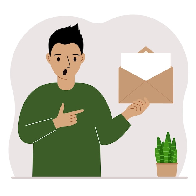편지가 있는 열린 봉투를 든 남자 텍스트 템플릿용 빈 종이 메일 개념 메시지 알림 초대장 보내기