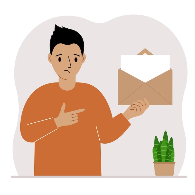 편지가 있는 열린 봉투를 든 남자 텍스트 템플릿용 빈 종이 메일 개념 메시지 알림 초대장 보내기