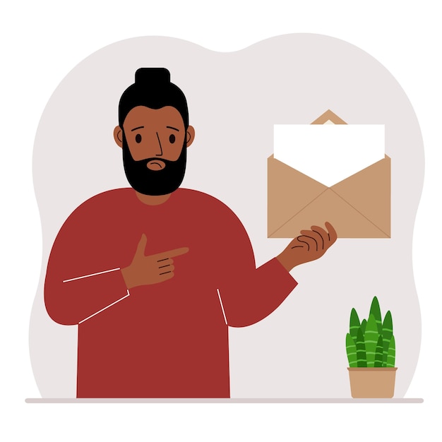 a man with an open envelope with a letter empty sheet of paper for text template mail concept sending a message notification invitation