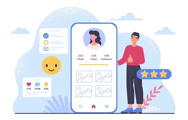 Uomo con il concetto di recensioni di pagine valutazione e classifica su internet e sui social network giovane ragazzo vicino al profilo dei social media della donna mi piace commenti e post illustrazione vettoriale piatta del fumetto