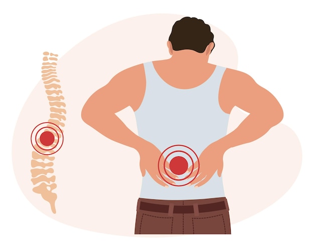 Vettore un uomo con dolore alle vertebre cervicali e lombari mal di schiena dolore muscolare osteoartrite