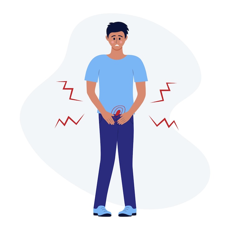 Vector man with pain in the lower abdomen in bladder male character suffers from prostatitis cystitis pain