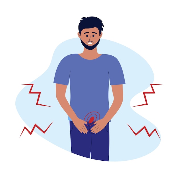 Man with pain in the lower abdomen in bladder male character suffers from prostatitis cystitis pain