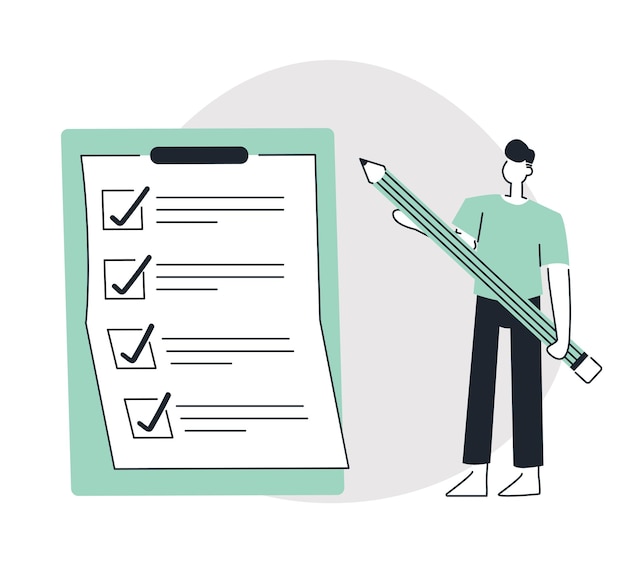 Man with pencil and checklist Vector illustration in a flat style