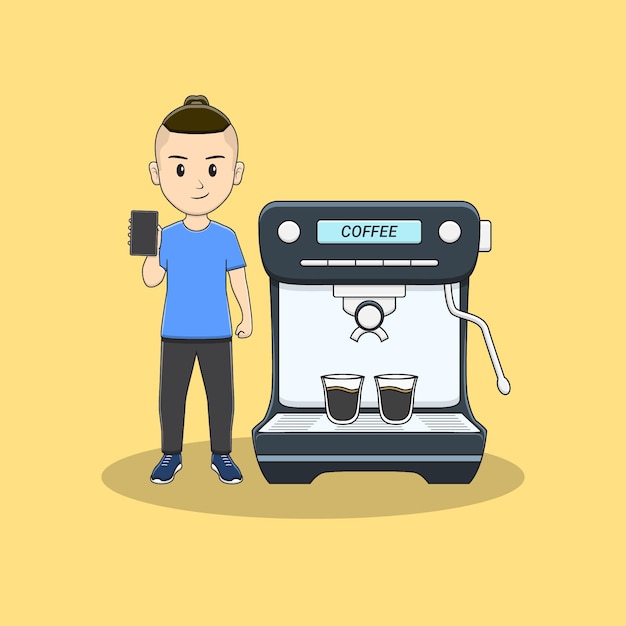 Vector man with phone and coffe machine