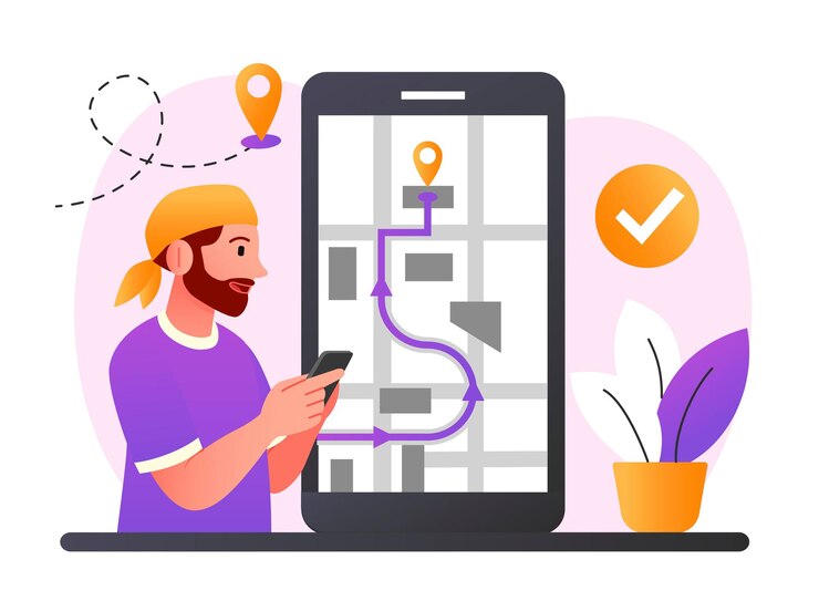 Vector man with phone looking at map