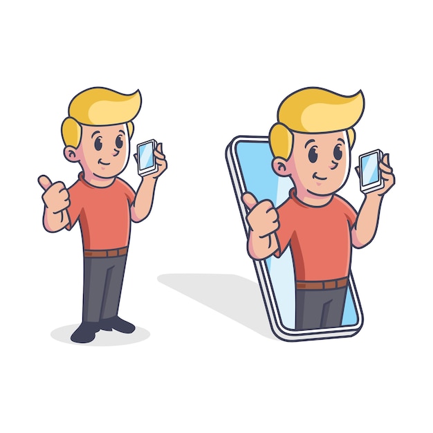 Vector man with phone retro mascot