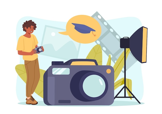 Man with photo courses concept Young guy with camera takiong shoot Paparazzi at workplace Creativity and art Character at studio Education and training Cartoon flat vector illustration