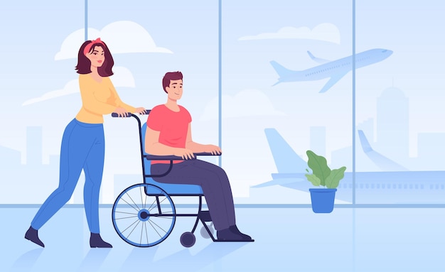 Man with physical disability in wheelchair in airport. female helping male with getting on flight, inclusive airport flat vector illustration. accessibility, traveling, journey concept for banner